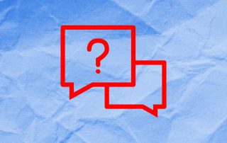An illustration of two speech bubbles, one with a question mark in it, laid over a blue paper texture