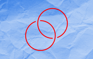 An icon of two circles intersecting in red against a blue crumpled paper background